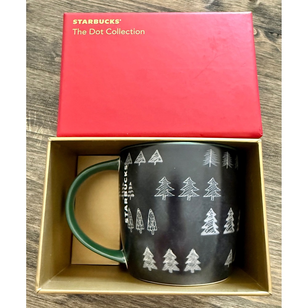Starbucks Mug Holiday Dot Collection 12oz Black Green Tree 2015 Boxed